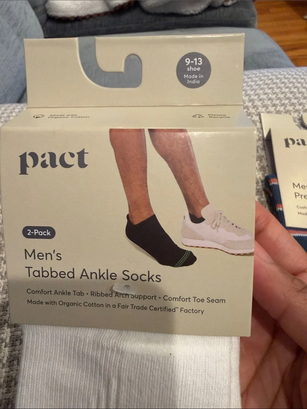 Pact Men's Organic Blend-3-Pack Socks - White Ankle & Green with Rust Stripes